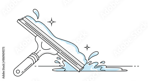 Squeegee cleaning a surface with vibrant water splashes and sparkling highlights is depicted on a white background symbolizing efficient and thorough cleaning processes.