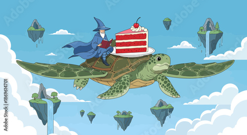 Whimsical wizard character riding a giant flying sea turtle with a cake.