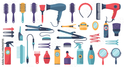 Comprehensive collection of various hair styling tools including brushes combs hair dryers straighteners clips and headbands is neatly arranged for beauty and salon use.