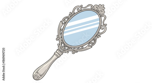 Beautifully ornate vintage hand mirror with an intricate silver frame and reflective surface is elegantly presented on a clean white background evoking classic beauty and grooming.