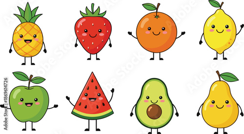 Cute smiling fruit characters set with pineapple strawberry orange lemon apple avocado cartoon vector