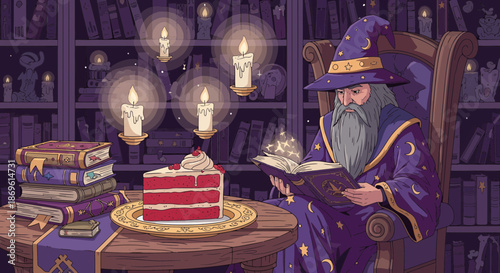 Wizard Reading Book Beside Cake.