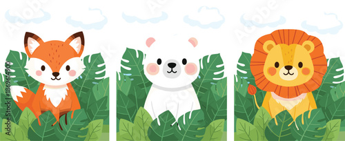 Cute woodland animals illustration set with fox bear and lion in jungle leaves flat vector design