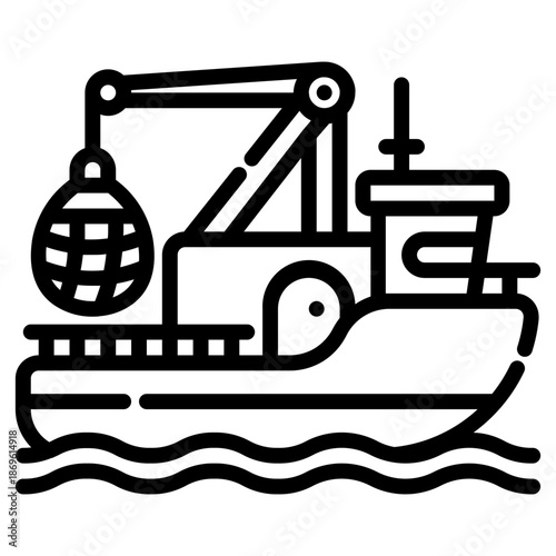 Fishing boat. This is a vector single icon with a dashed line style. It is suitable for various purposes, including website design, mobile app design, and logo design.