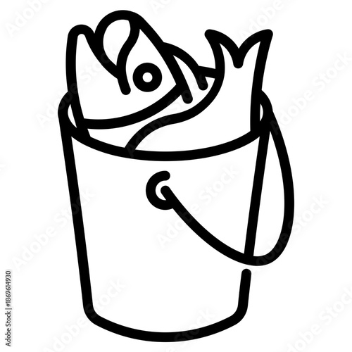 Fish bucket. This is a vector single icon with a dashed line style. It is suitable for various purposes, including website design, mobile app design, and logo design.