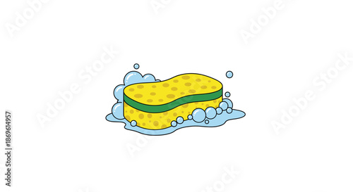 Cheerful yellow cleaning sponge with green trim bubbling with soap suds and water, symbolizing cleanliness and hygiene.