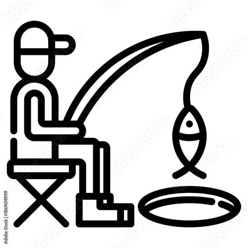 Ice fishing. This is a vector single icon with a dashed line style. It is suitable for various purposes, including website design, mobile app design, and logo design.