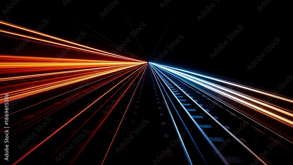 Fototapeta premium Vibrant streaks of red and blue light rush through the darkness, creating a high-speed sense of futuristic digital motion.
