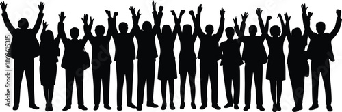 Group of Silhouetted People Raising Their Arms in Celebration with a White Background silhouettes