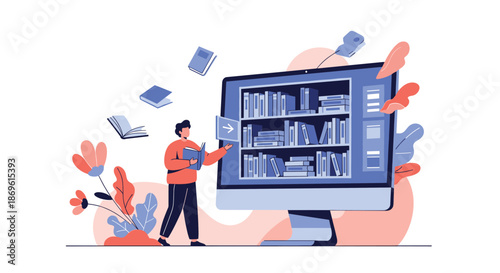 Man interacts with a large computer screen displaying an online library and flying books symbolizing digital education e-learning and convenient access to knowledge resources.