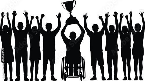 Group of Silhouetted People Celebrating with a Trophy and a Person in a Wheelchair celebration