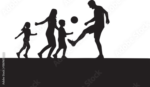 Silhouette of Active Family Playing Soccer Outdoors Together Isolated on White