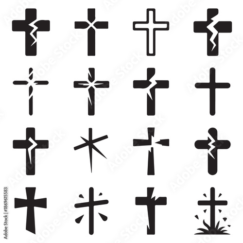 Christian cross icons for religious faith and spiritual symbol with varying designs in black silhouette style on transparent background showing crucifix and faith representation