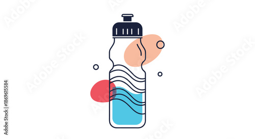 Stylishly designed sports water bottle filled with refreshing blue liquid and surrounded by abstract shapes.