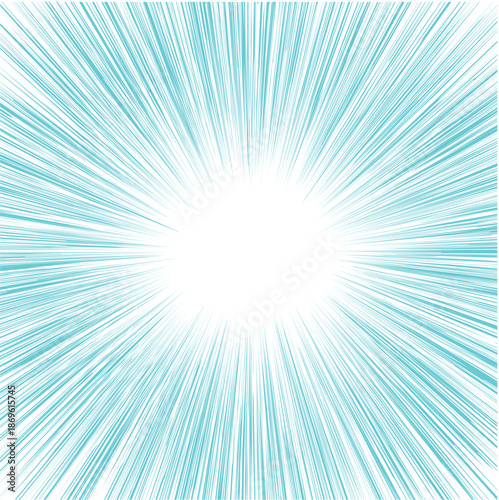 Cool blue radiant light burst with a glowing white center. Abstract sunray background featuring soft linear beams and fresh energy. Calm illumination, clarity, and modern design concept. 