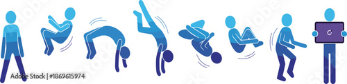 Human character performing acrobatic jump sequence flat vector illustration set