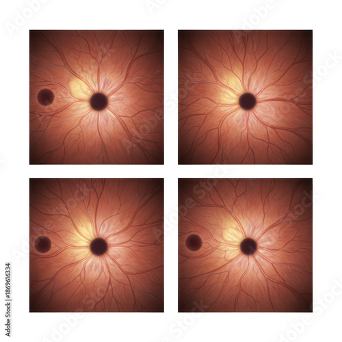 Four Panel Medical Illustration Comparing Human Retinal Fundus Vascular Patterns