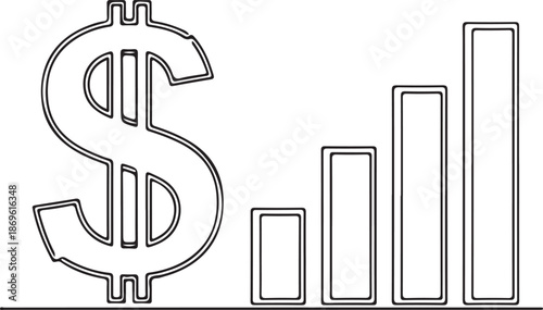 Simple black line art showing a large dollar sign next to an ascending bar chart, representing financial growth, monetary success, and positive economic trends.