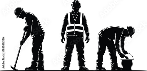 Black and white silhouette of construction workers wearing hard hats and safety vests, builders digging and working on industrial site,