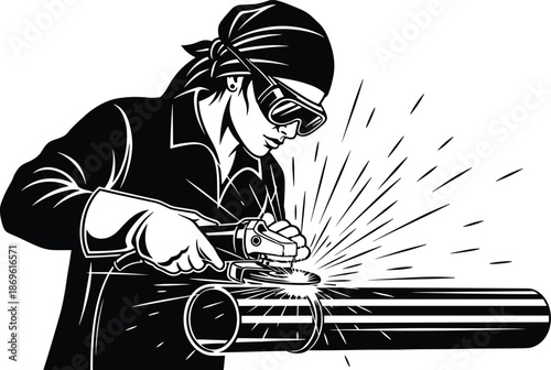 Black and white vector illustration of a female welder using an angle grinder on a metal pipe with bright sparks.