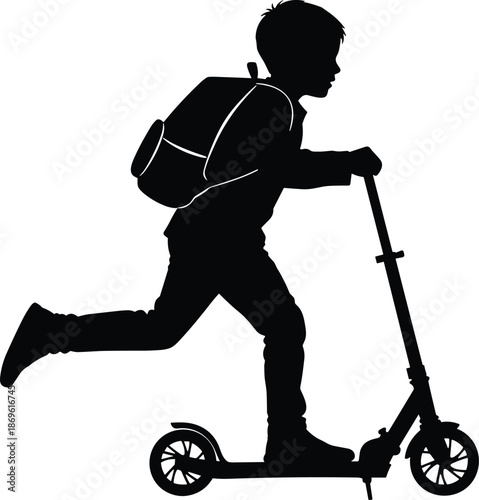 Black silhouette of a young boy with a backpack riding a kick scooter to school, active childhood and urban transportation, cad drawing flat vector illustration