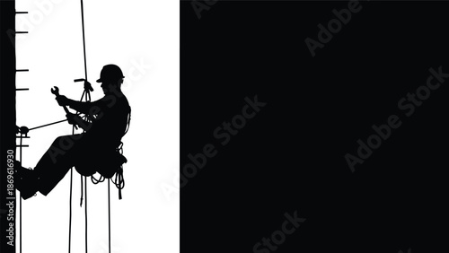 Construction worker climber hanging on ropes with wrench repairing tall structure, professional high altitude maintenance, cad drawing flat vector illustration