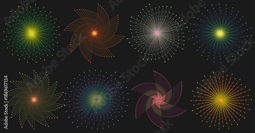 Glowing Spiral and Radial Light Burst Shape Set on Dark Background with Colorful Energy Swirl Patterns for Futuristic Technology Design