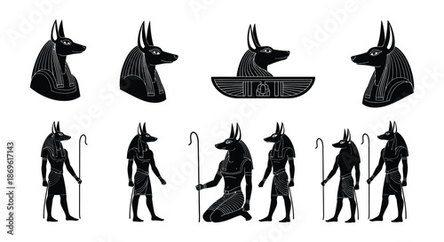 Ancient egyptian anubis god depictions in various poses a stylistic illustration