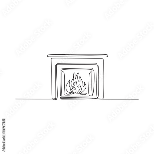 A single continuous line drawing of a fireplace with burning flames inside