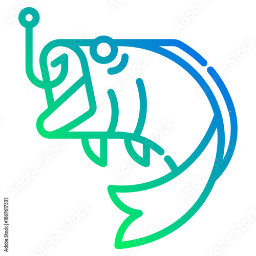 Fish caught on a hook. This is a vector single icon with a dashed line gradient style. It is suitable for various purposes, including website design, mobile app design, and logo design.