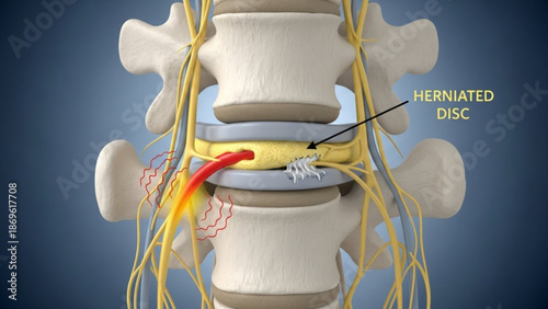 Medical illustration of a herniated disc in the human spine with nerve roots