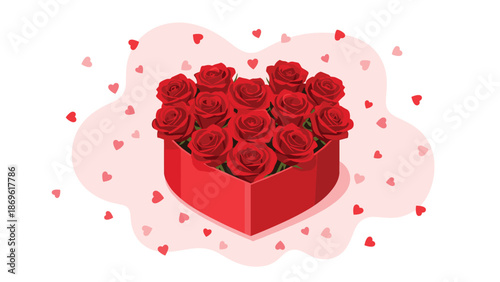 Heart-shaped box overflowing with a dozen red roses, symbolizing deep love and romantic affection.
