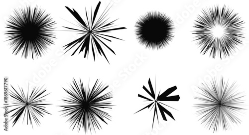 Black starburst explosion shapes with sharp radial lines. Abstract spiky bursts and sunburst silhouettes isolated on white. Energy, impact, motion, and graphic design elements. 