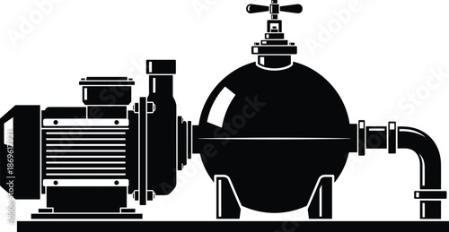 Industrial water pump system with motor and pressure tank for plumbing irrigation, mechanical equipment engineering cad drawing flat vector illustration