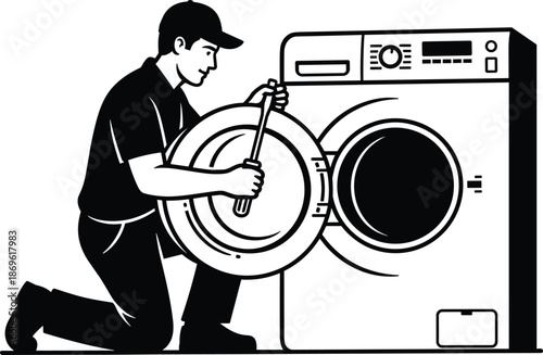Male appliance technician repairing washing machine with screwdriver, professional repairman maintenance service for household electronics, cad drawing flat vector illustration