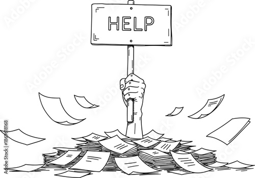 Overwhelmed hand holding HELP sign in paper chaos, stress and burnout concept illustration, flat vector line drawing