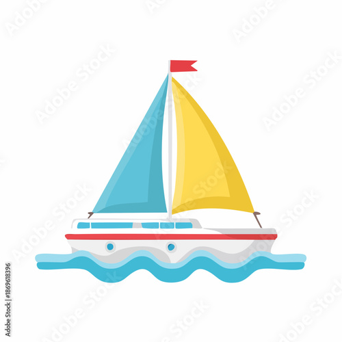 Bright sailing yacht floating on wavy turquoise water, maritime adventure, cheerful and nautical vector illustration, isolated on white