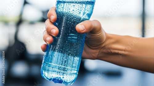 Hand holding cold blue plastic water bottle covered in refreshing condensation after a workout.