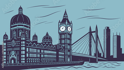 Mumbai skyline featuring taj hotel and bridge, not big ben cityscape. Perfect for travel blogs, city guides, and tourism websites.