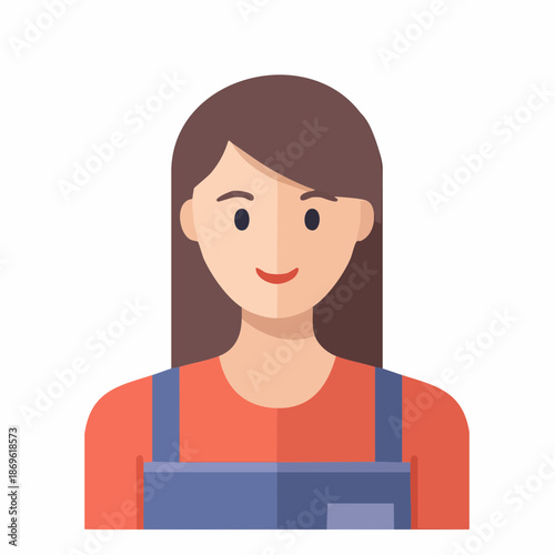Female character illustration of a cheerful woman in overalls smiling contentedly looking forward