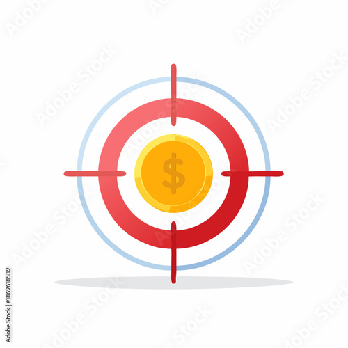 Financial Goal Achievement Represented by a Gold Coin Centered in a Red and Blue Target on White