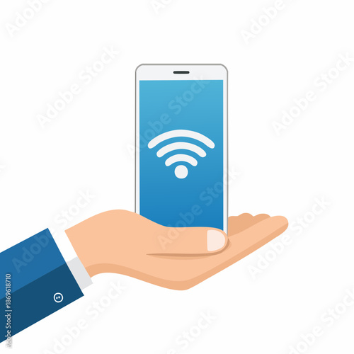 Hand Holding a Smart Device Displaying Wireless Connection Icon Connectivity Symbol Signal Mobile Technology