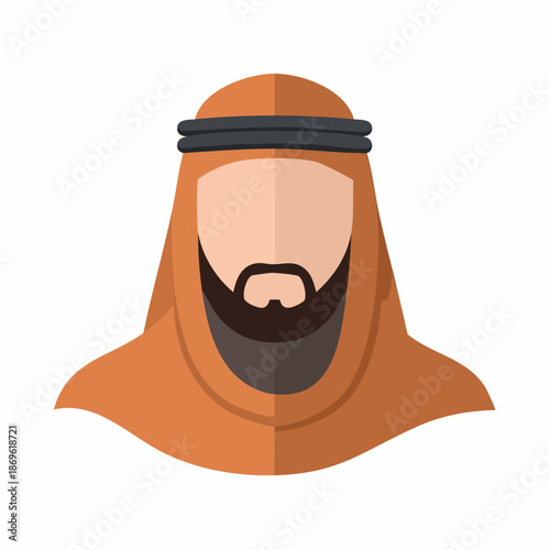 Arab Man Portrait Illustration: Traditional Headdress and Beard Icon, Flat Design Headshot with Shadow