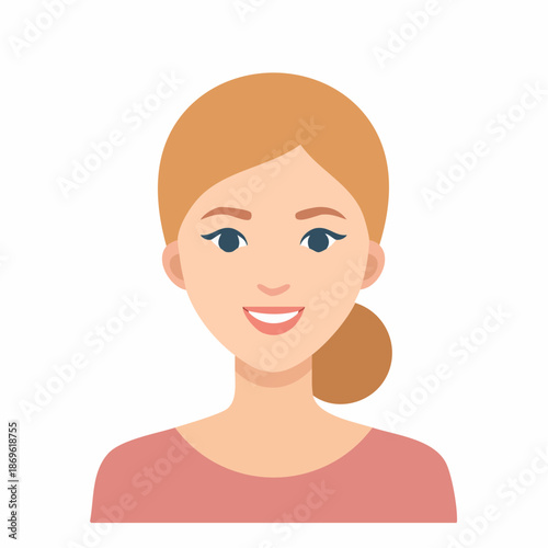 Portrait of a cheerful woman with blonde hair and a pink shirt smiling at the viewer. Vector illustration of a young adult.