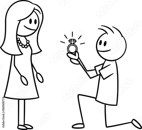 Romantic stick figure man kneeling and proposing to woman with diamond ring, wedding engagement marriage concept, cad drawing flat vector illustration