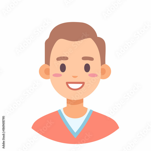 Cheerful young man smiling a friendly cartoon character portrait illustration head and shoulders flat design graphic