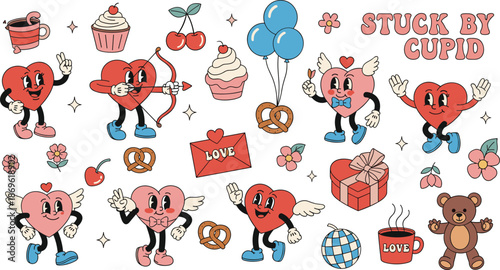 Valentine heart characters, love icons, romantic celebration, Cupid theme, festive elements, cute gifts and sweets, flat vector illustration