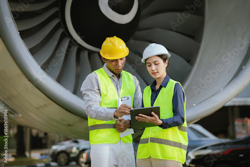 Bild auf Leinwand Two aviation engineers wearing safety helmets and reflective vests review technical data on digital tablets in front of a jet engine, emphasizing aircraft maintenance, teamwork, and safety standards