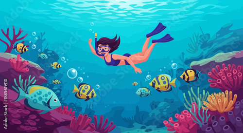 Woman Snorkeling Underwater with Marine Life.