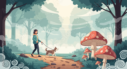 Woman Walking Dog in Forest Scene.